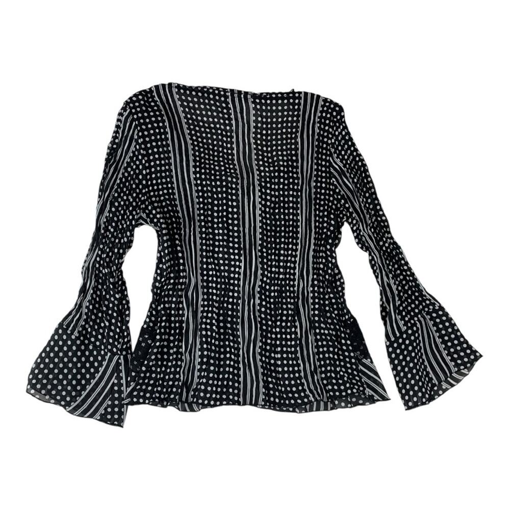 Robbie Bee size medium Black White Polka Dot Striped Blouse bell sleeve - Picture 2 of 9